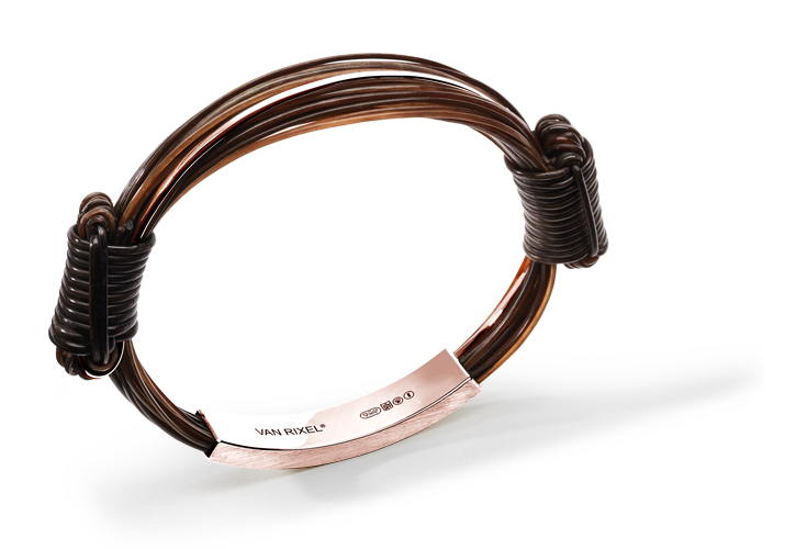 Een luxe, High End 18 kt Roségoud heren- of dames-armband, handgemaakt met exclusief bruin Olifantenhaar en schuifknopen - Large